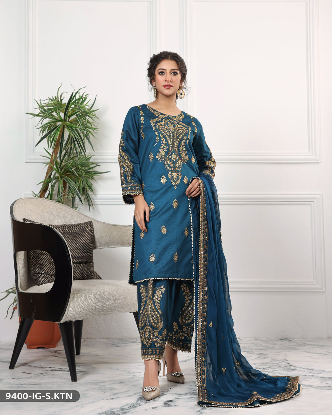 Formal 3 Piece Chambray Katan Embroidered (Stitched) | 9400-IG-S.KTN