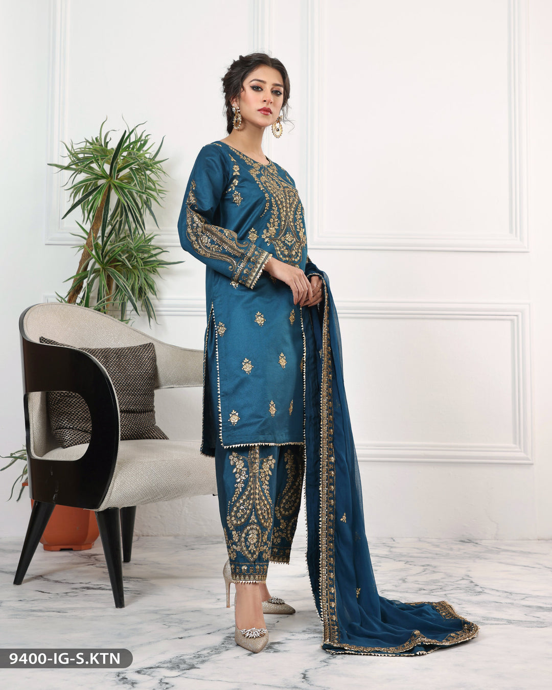 Formal 3 Piece Chambray Katan Embroidered (Stitched) | 9400-IG-S.KTN