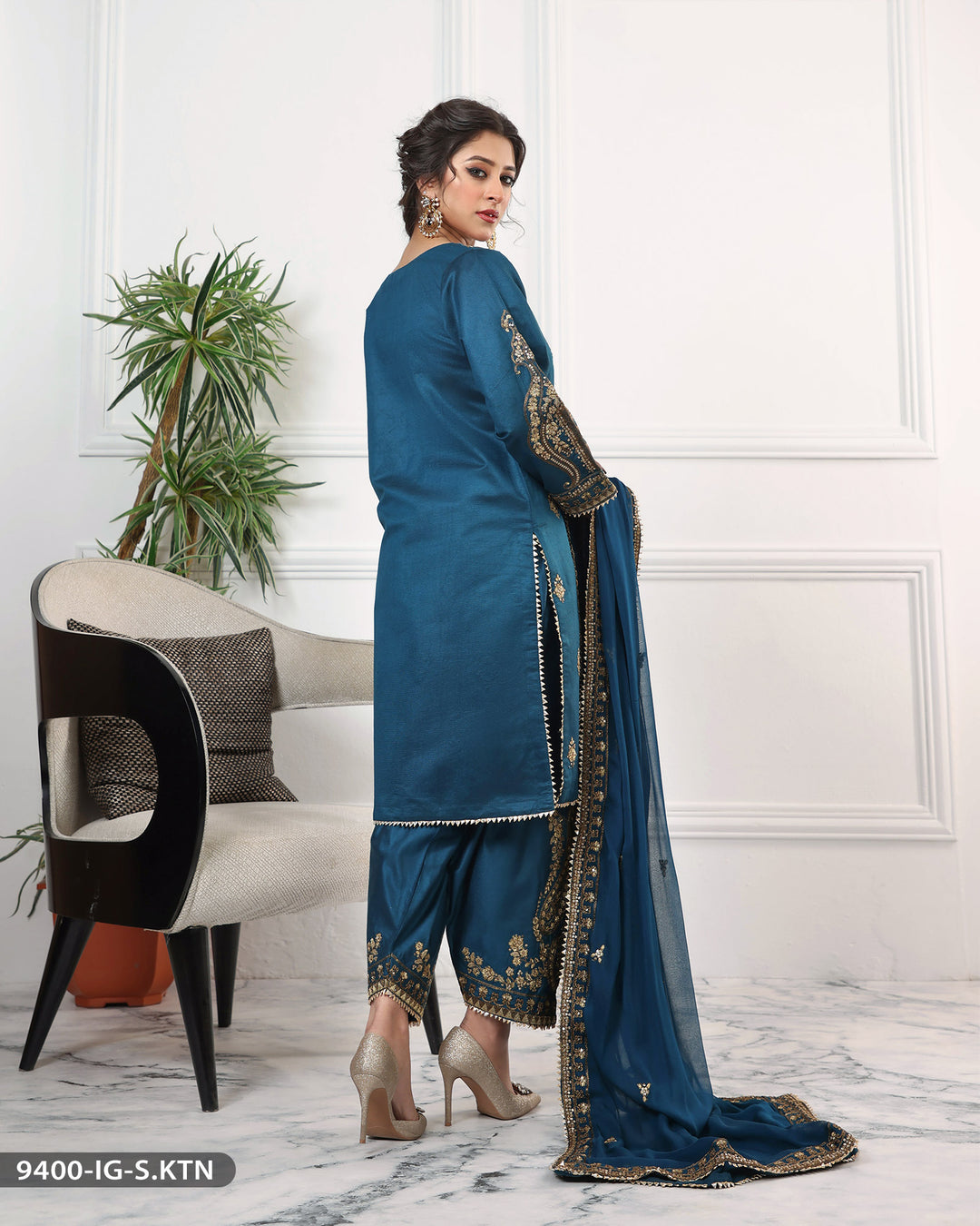 Formal 3 Piece Chambray Katan Embroidered (Stitched) | 9400-IG-S.KTN