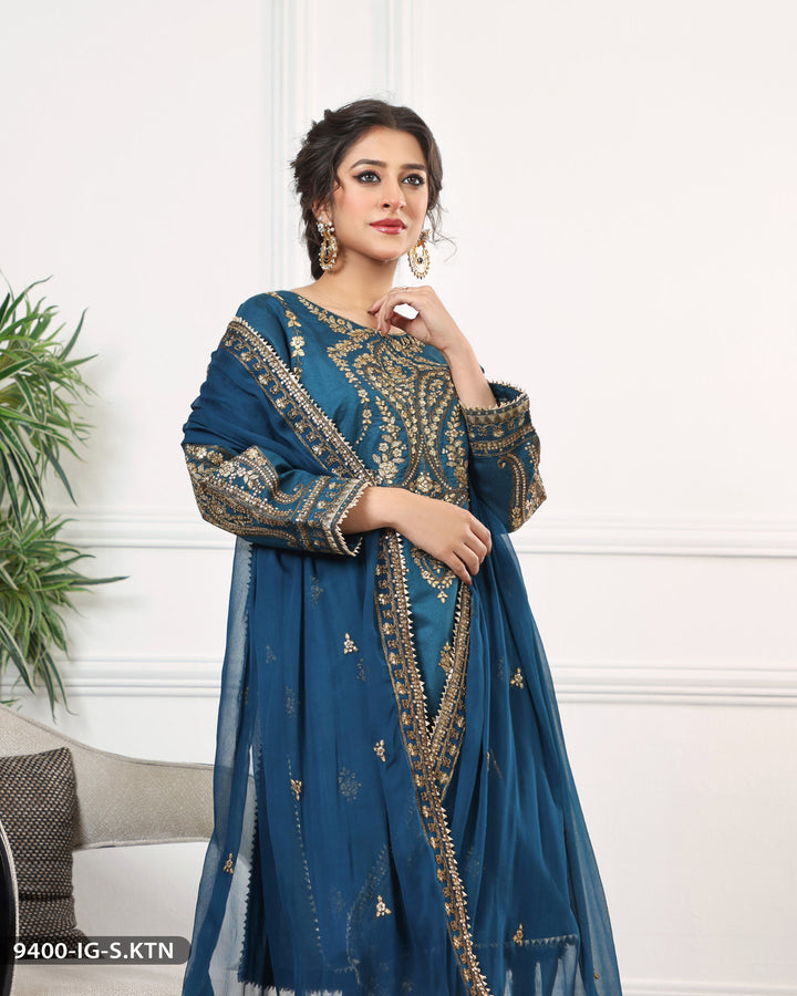 Formal 3 Piece Chambray Katan Embroidered (Stitched) | 9400-IG-S.KTN