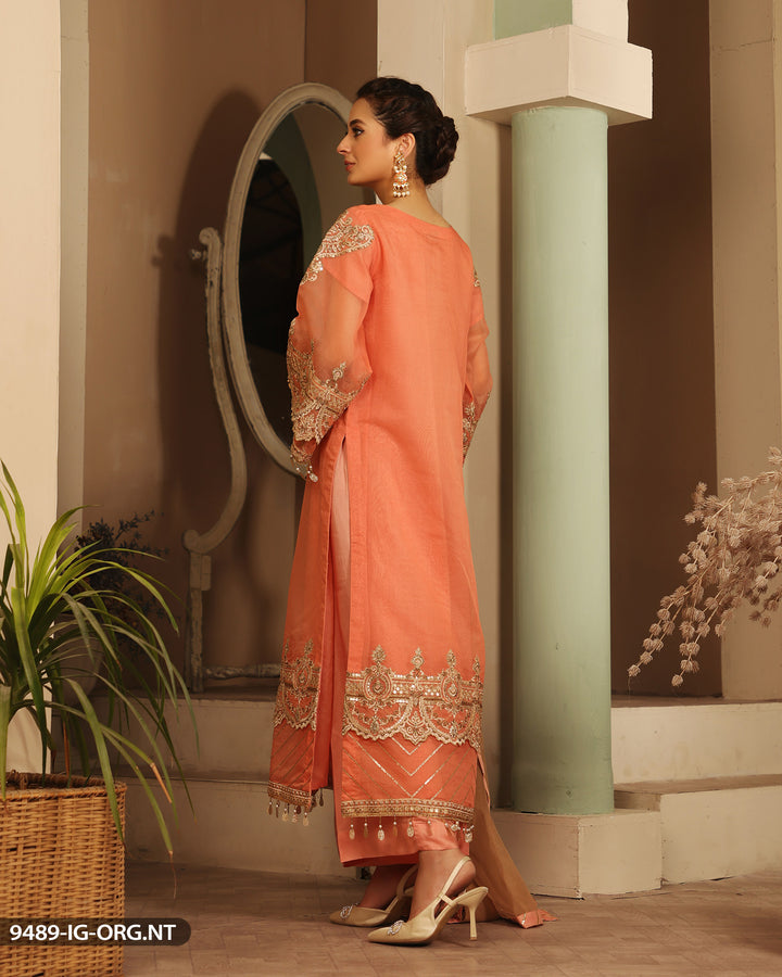 Embroidered Organza Peach Suit | 9489-IG-ORZ