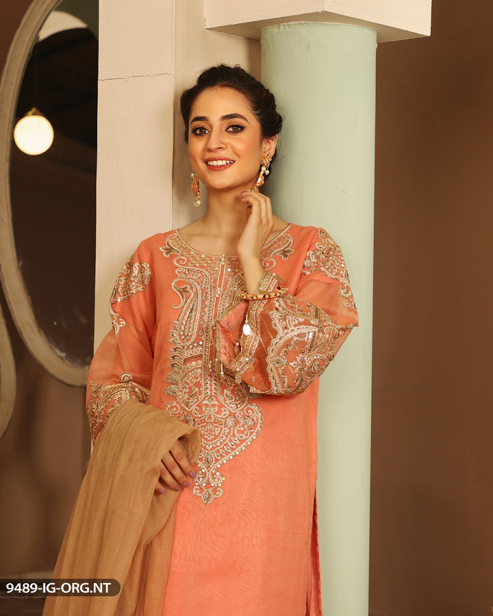 Embroidered Organza Peach Suit | 9489-IG-ORZ