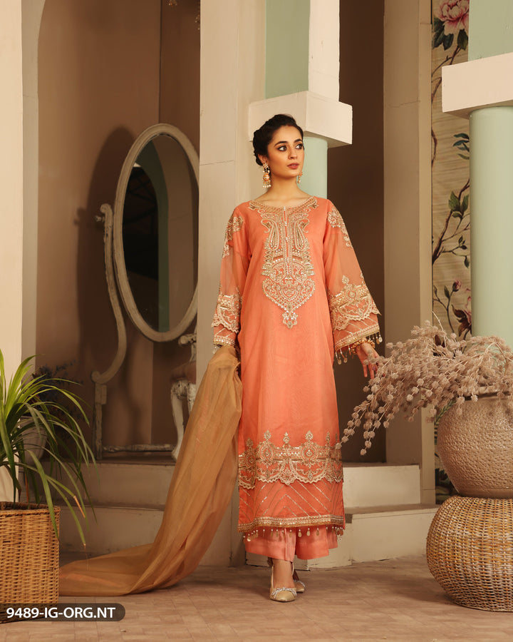 Embroidered Organza Peach Suit | 9489-IG-ORZ