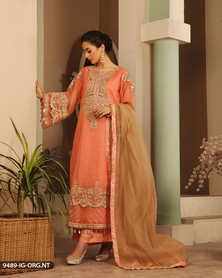 Embroidered Organza Peach Suit | 9489-IG-ORZ