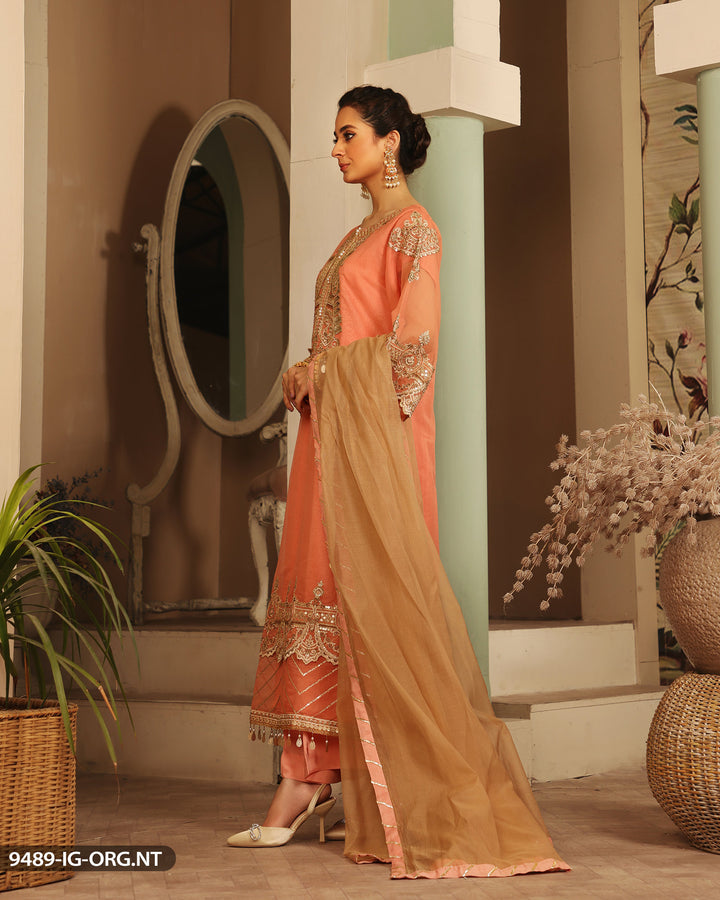 Embroidered Organza Peach Suit | 9489-IG-ORZ