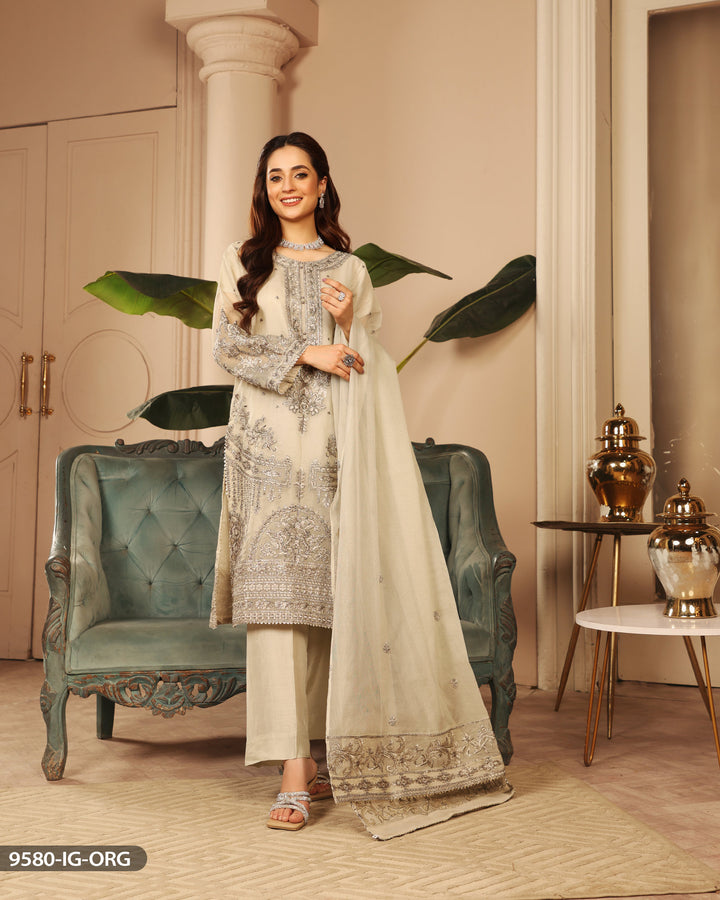 Embroidered Grey Organza Suit | 9580-IG-ORZ