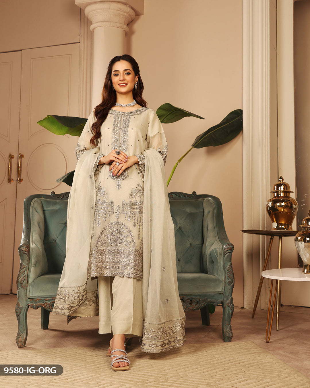 Embroidered Grey Organza Suit | 9580-IG-ORZ