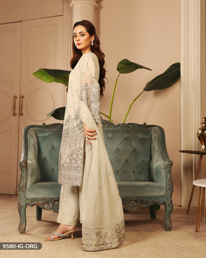 Embroidered Grey Organza Suit | 9580-IG-ORZ