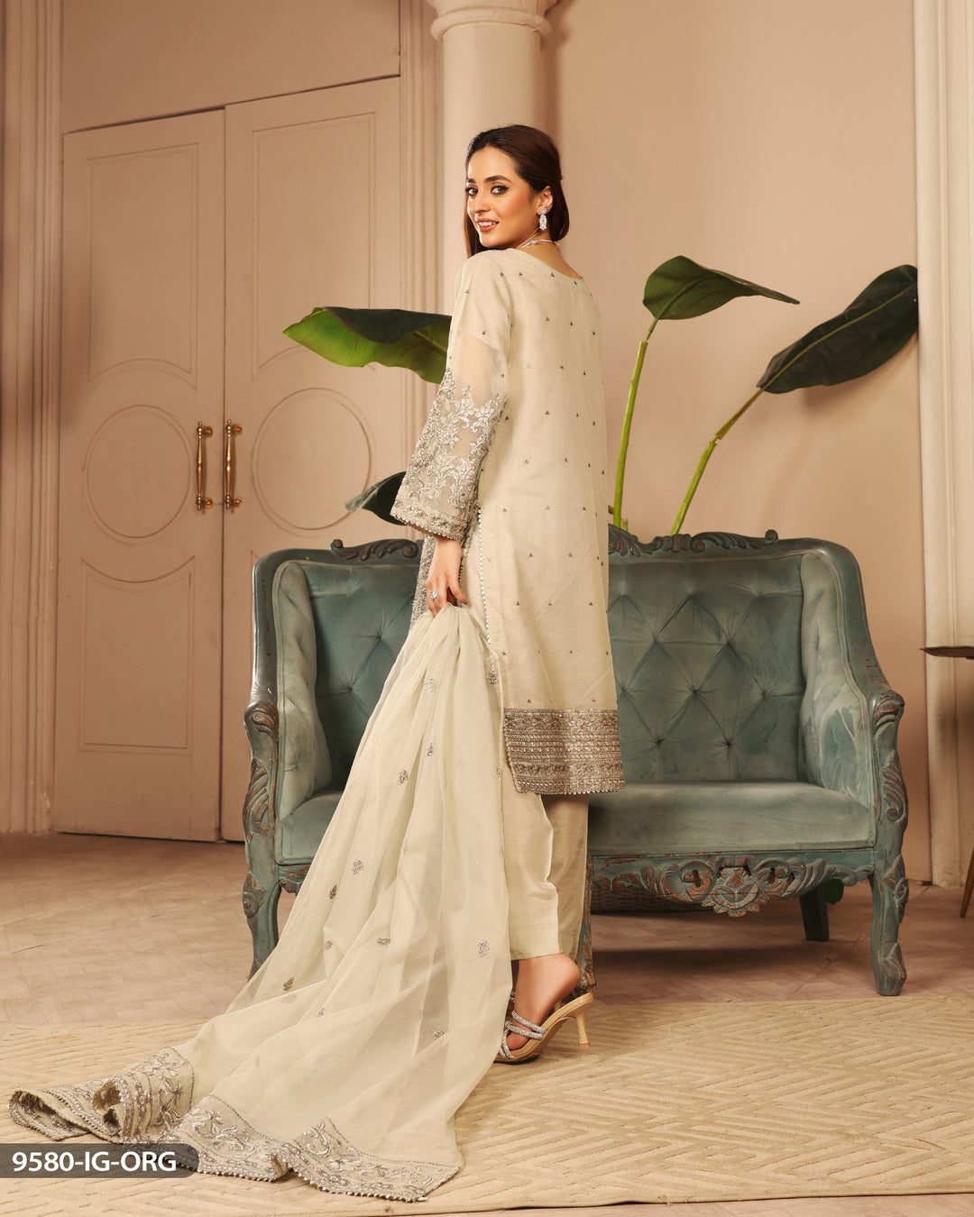 Embroidered Grey Organza Suit | 9580-IG-ORZ