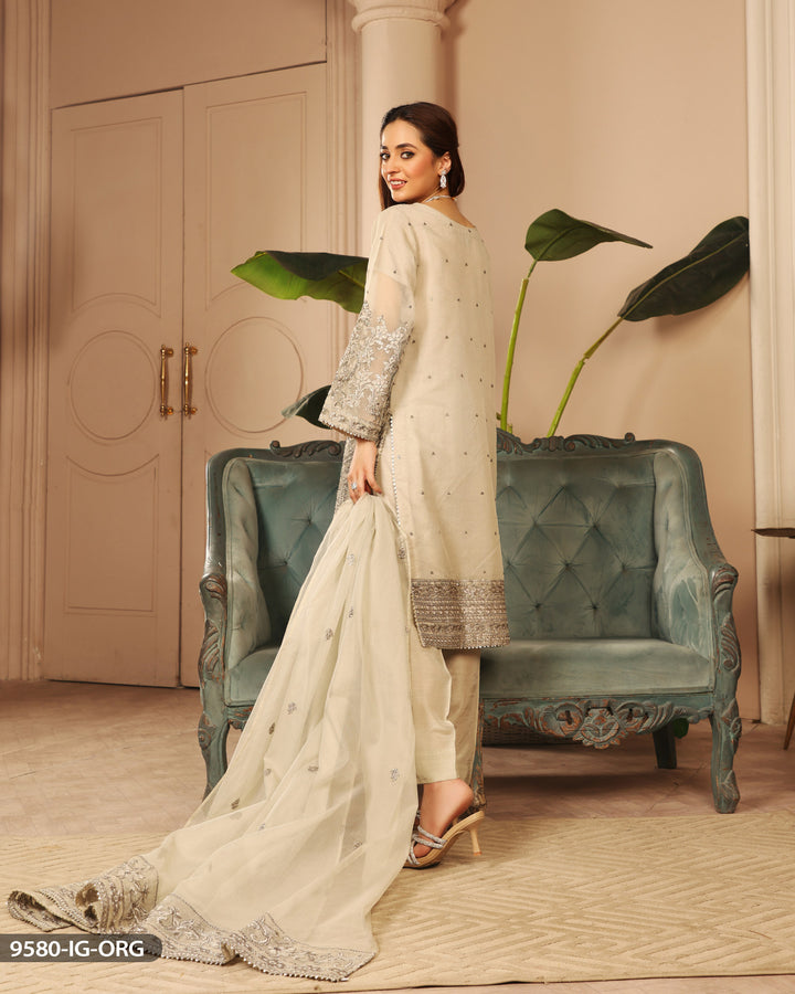 Embroidered Grey Organza Suit | 9580-IG-ORZ