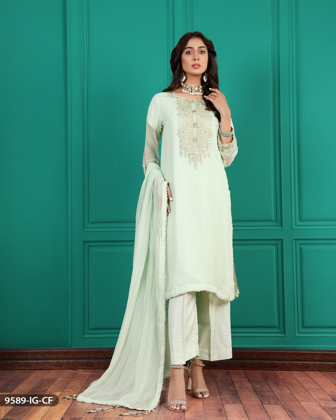 3 Piece Embroidered Chiffon Suit | 9589-IG-CF