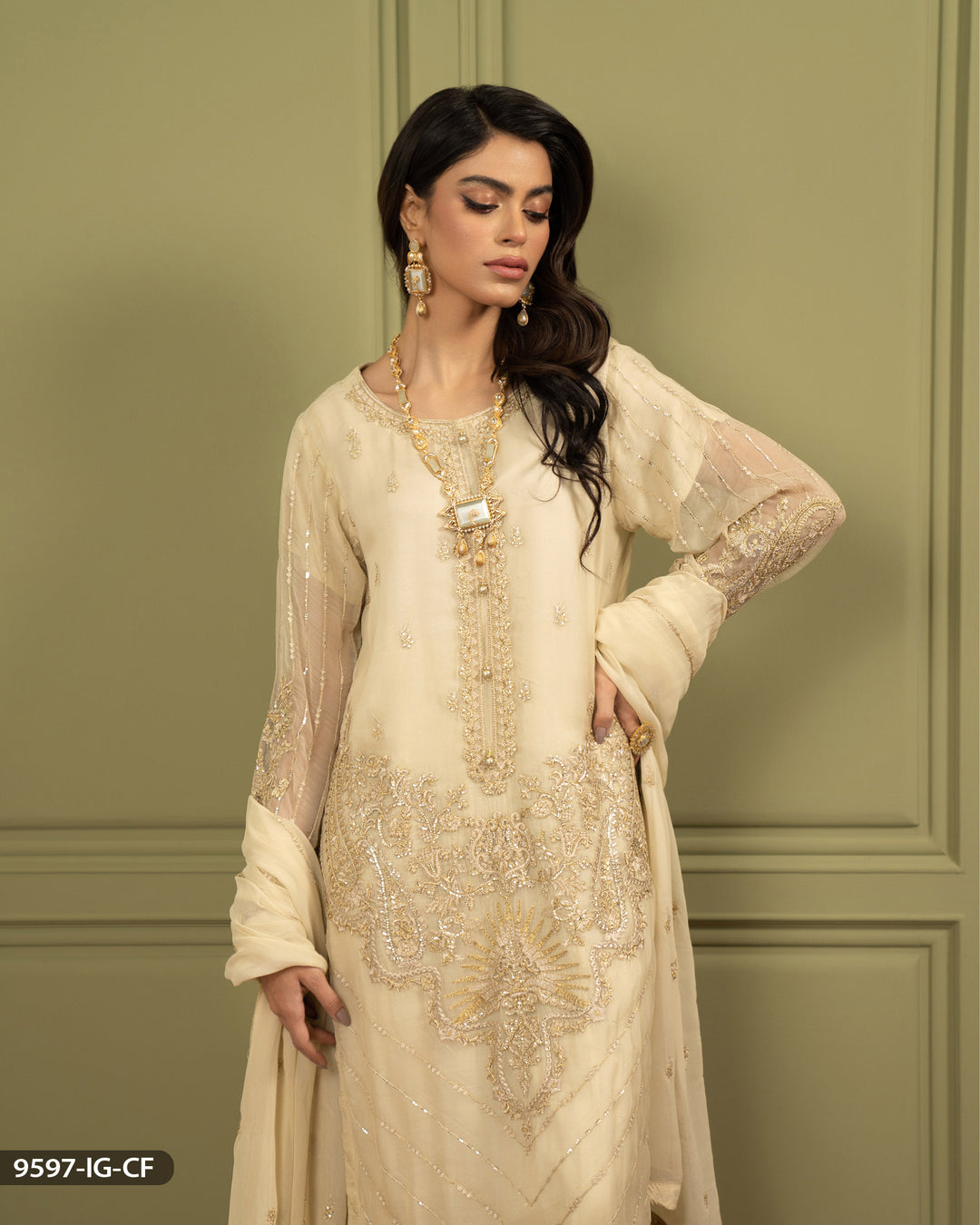 3 Piece Chiffon Suit Embroidered | 9597-IG-CF