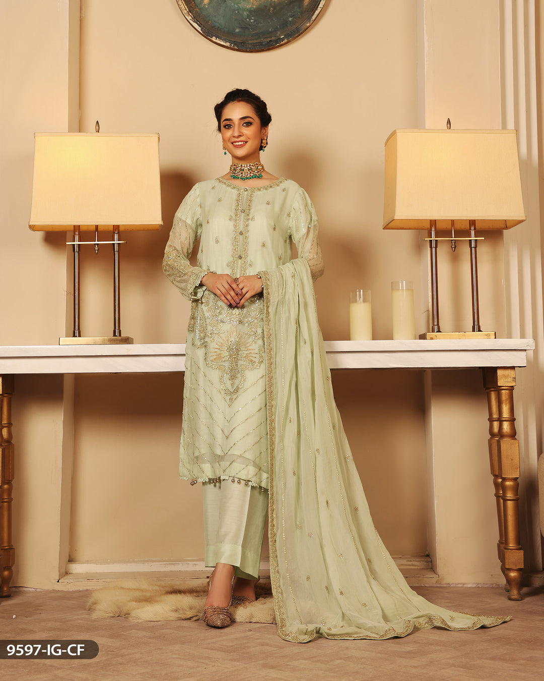 3 Piece Chiffon Suit Embroidered | 9597-IG-CF