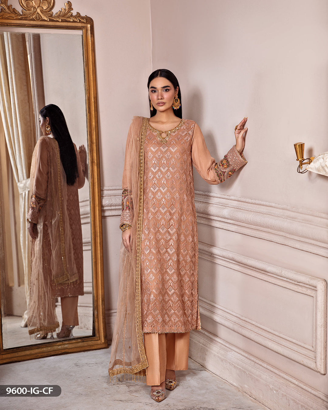 3 Piece Chiffon Embroidered Suit | 9600-IG-CF