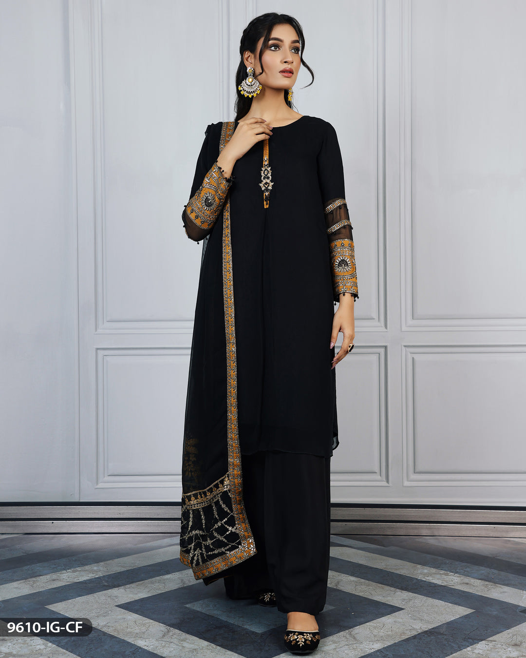 3 Piece Embroidered Chiffon Suit | 9610-IG-CF