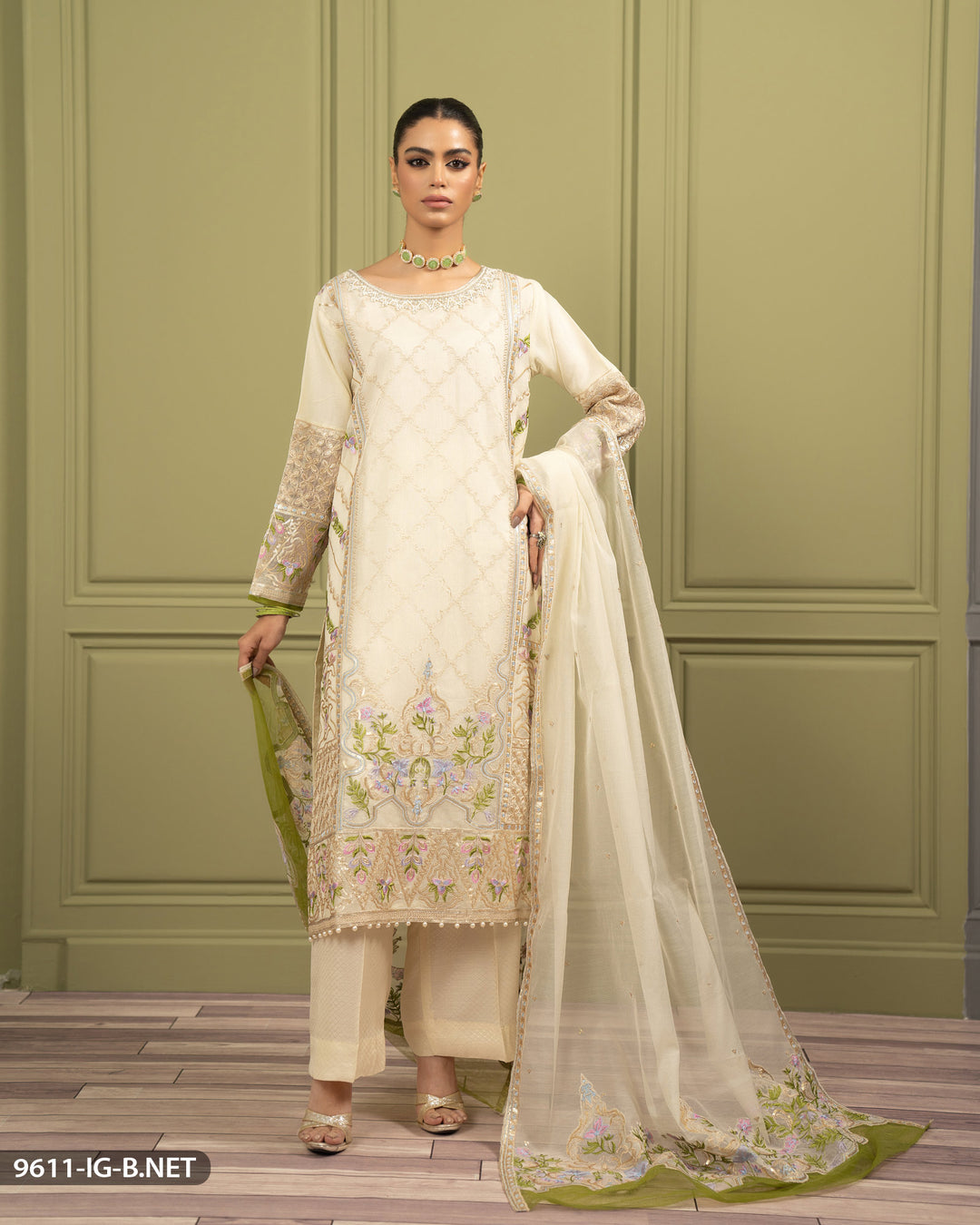 Stitched 3 Piece Embroidered Suit | 9611-IG-B.NET