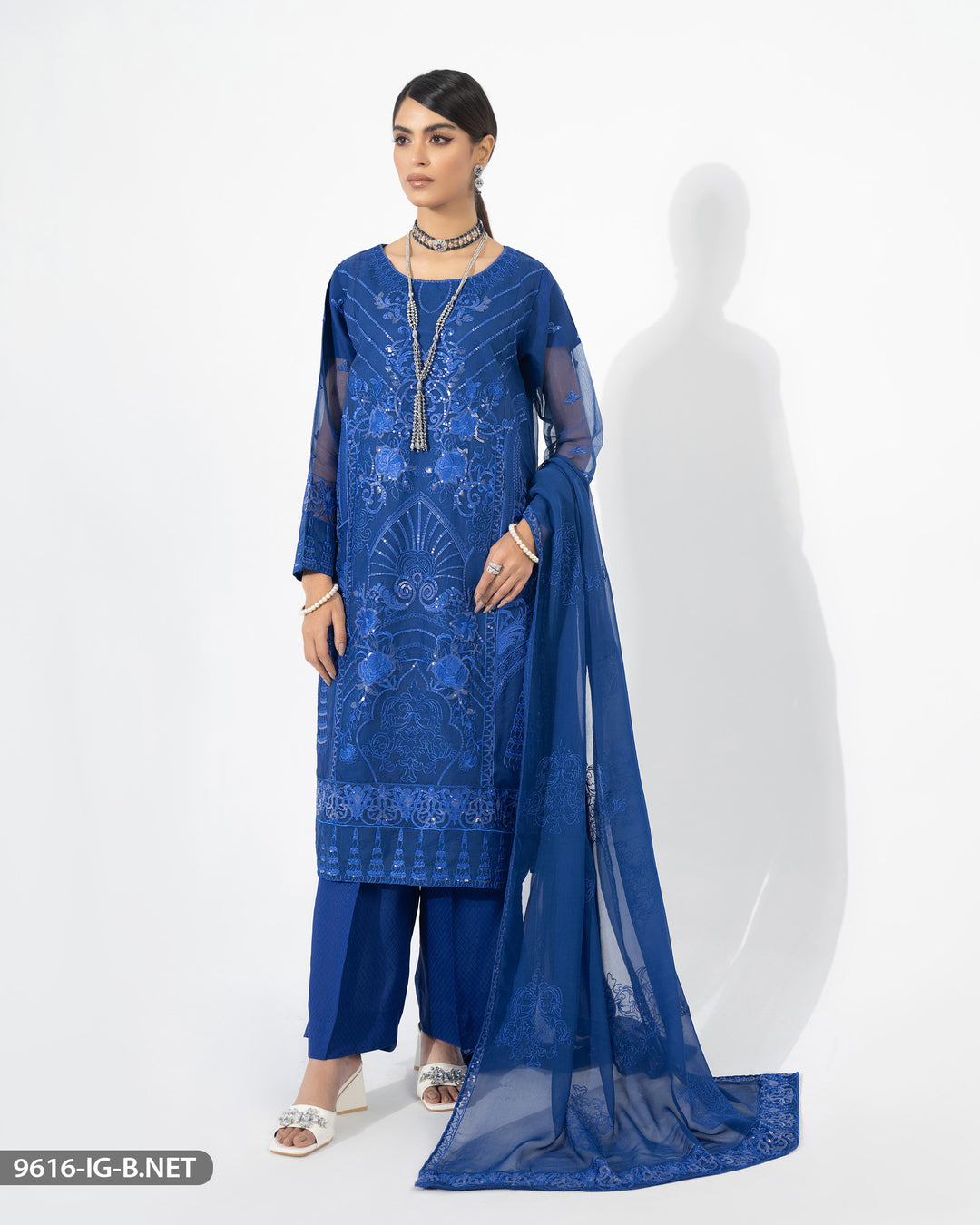 Net Embroidered 3 Pc Suit | 9616-IG-B.NET