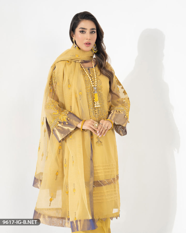 3 Piece Embroidered Bori Net Suit | 9617-IG-B.NET