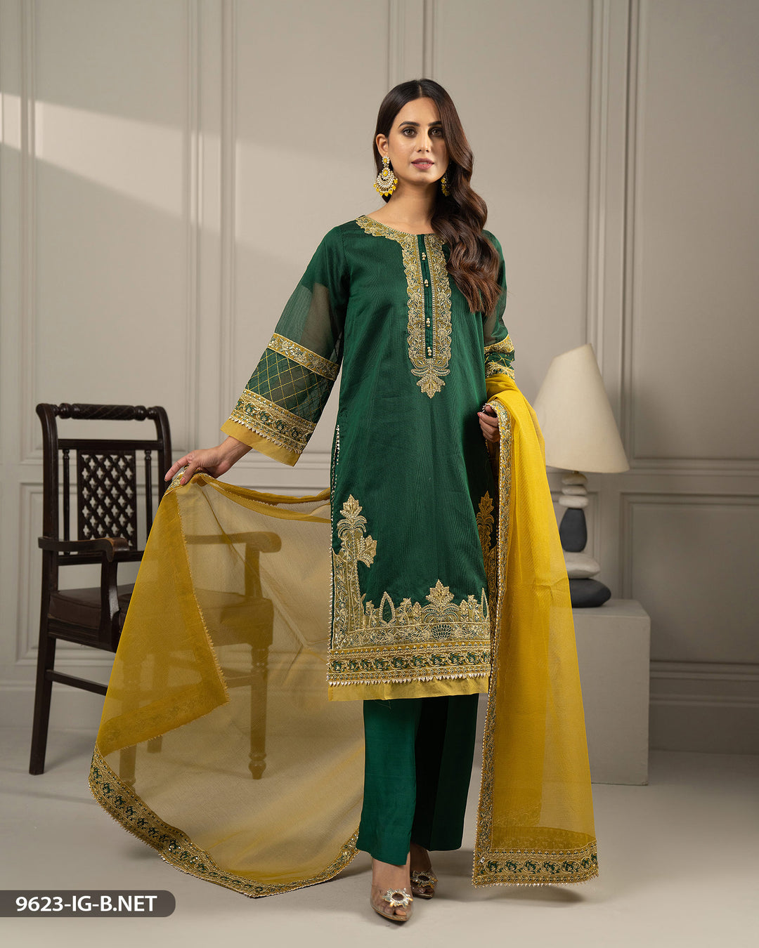 3 Piece Bori Net Embroidered Suit | 9623-IG-B.NET