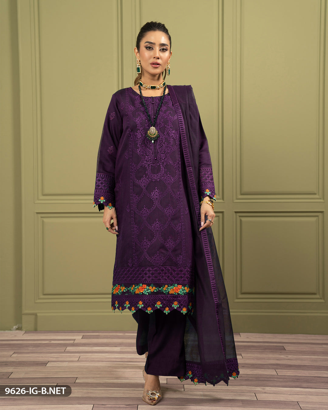 3 Piece Embroidered Bori Net Suit | 9626-IG-B.NET