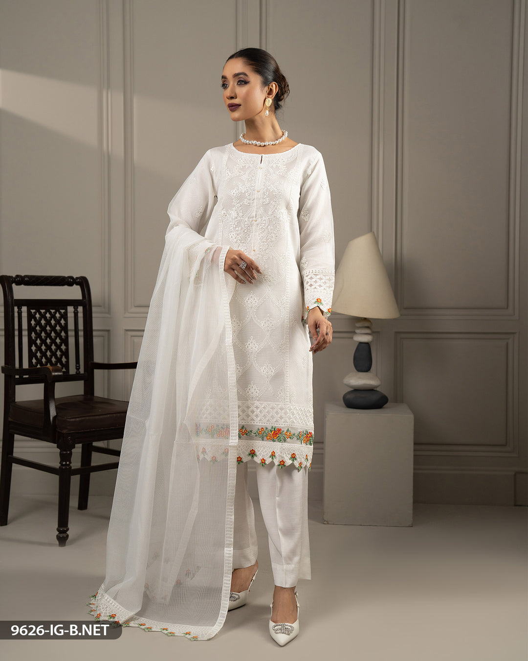 3 Piece Embroidered Bori Net Suit | 9626-IG-B.NET