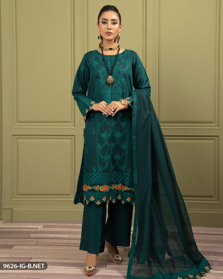 3 Piece Embroidered Bori Net Suit | 9626-IG-B.NET