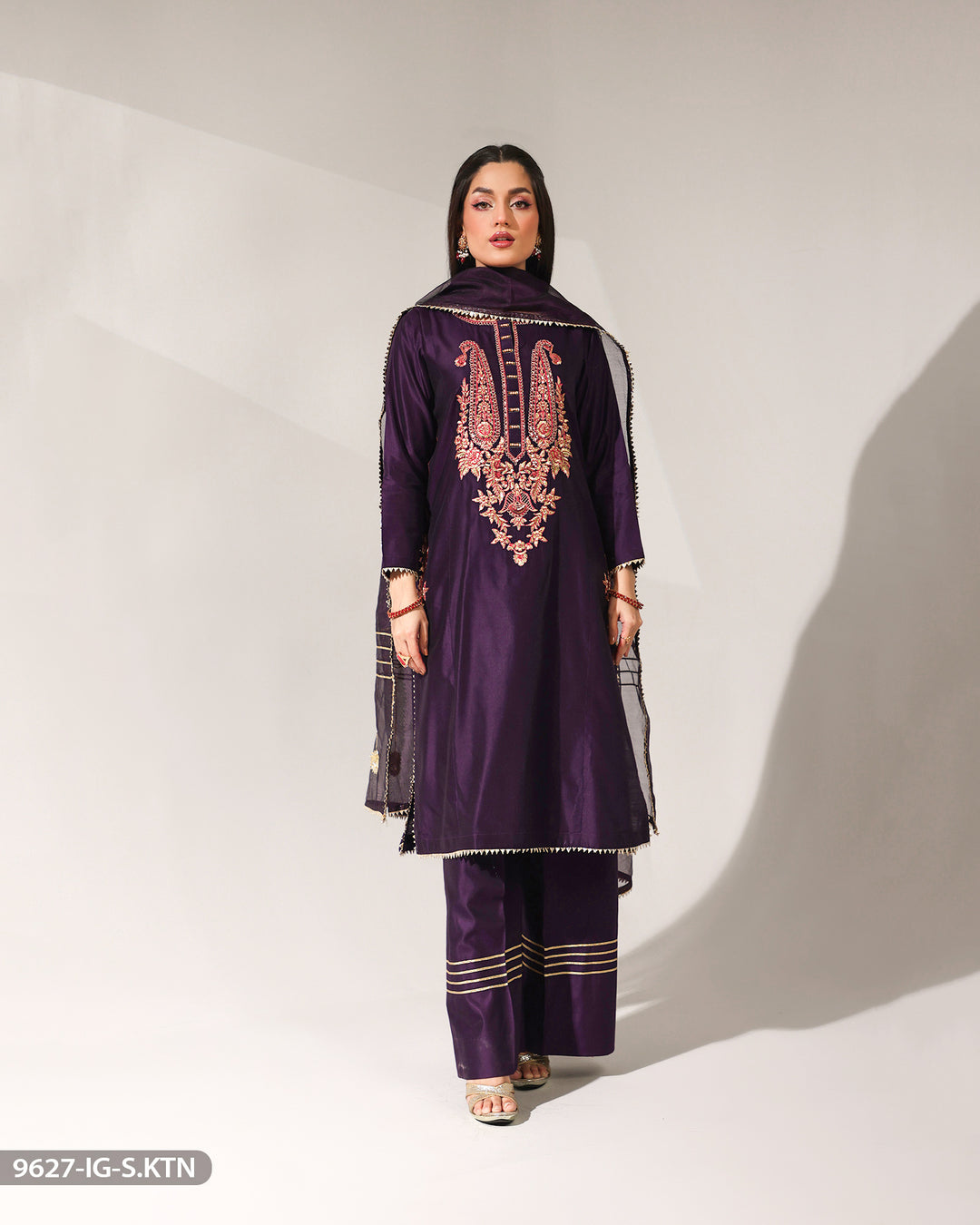 Embroidered Chambray Katan Suit | 9627-IG-S.KTN