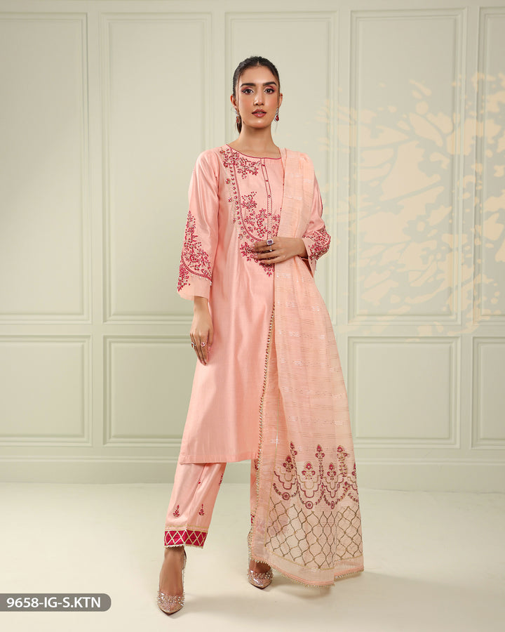 Embroidered Chambray Katan Suit | 9658-IG-S.KTN