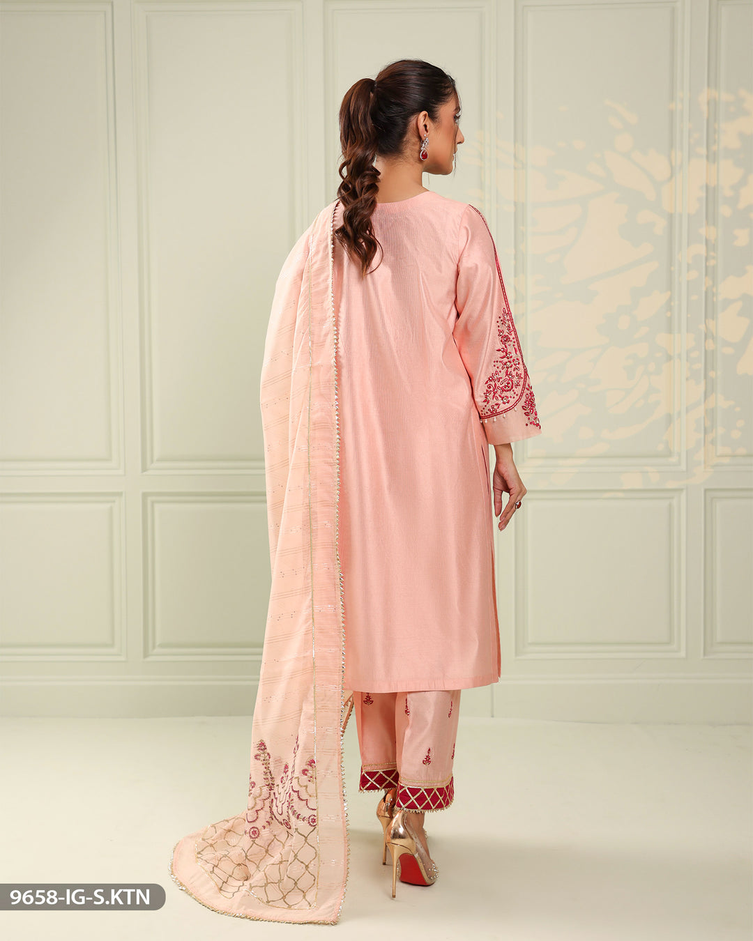 Embroidered Chambray Katan Suit | 9658-IG-S.KTN