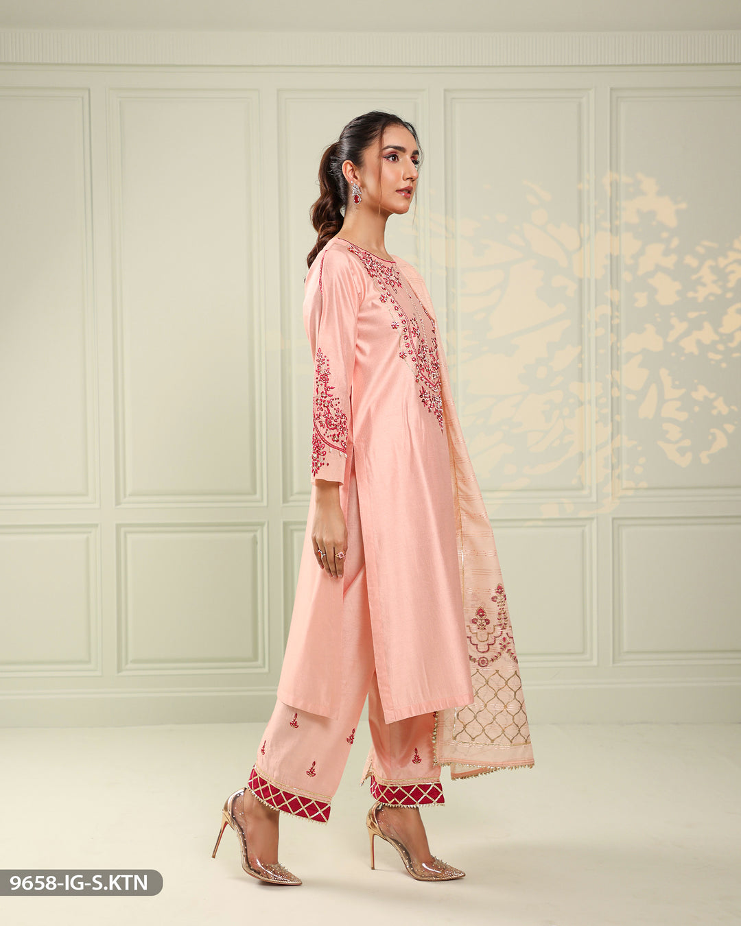 Embroidered Chambray Katan Suit | 9658-IG-S.KTN