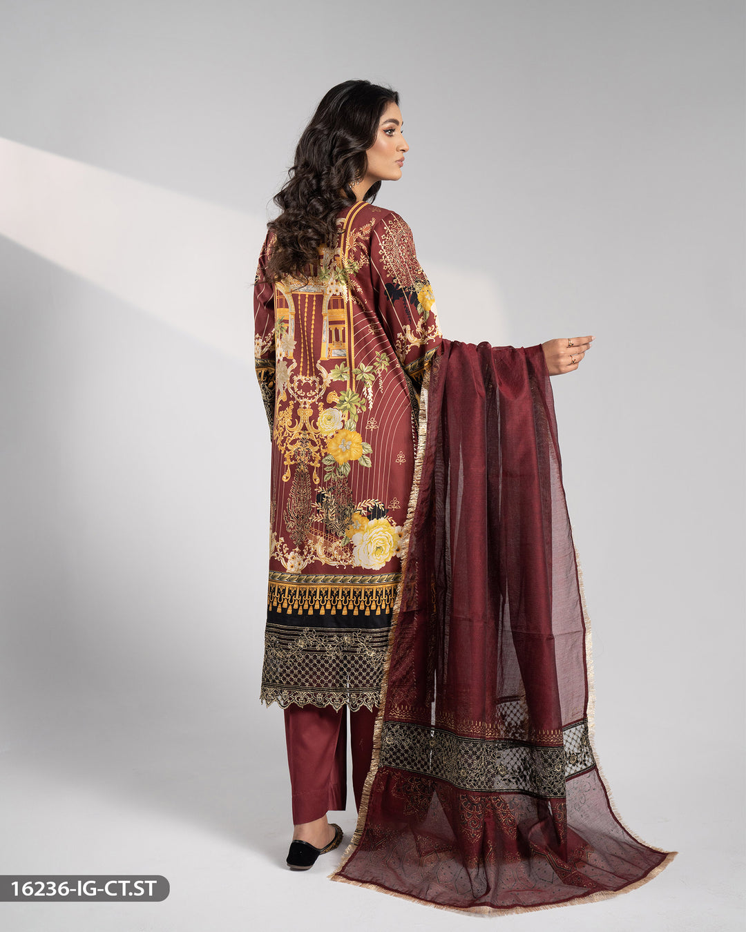 3 Piece Embroidered Cotton Satin Suit | 16236-IG-CT.ST