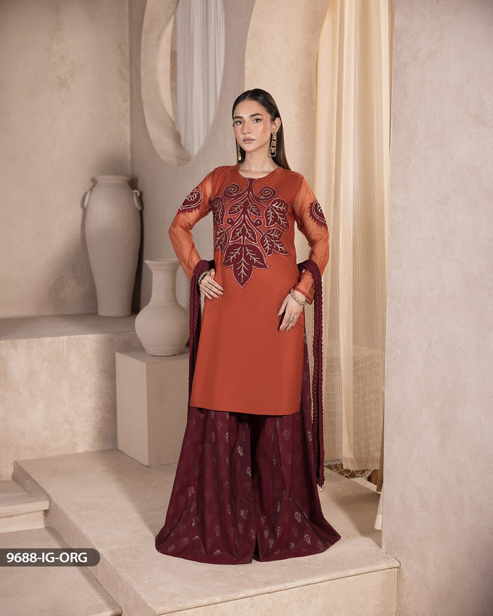 3 Piece Embroidered Suit | 9688-IG-ORZ - Sha Posh Textile