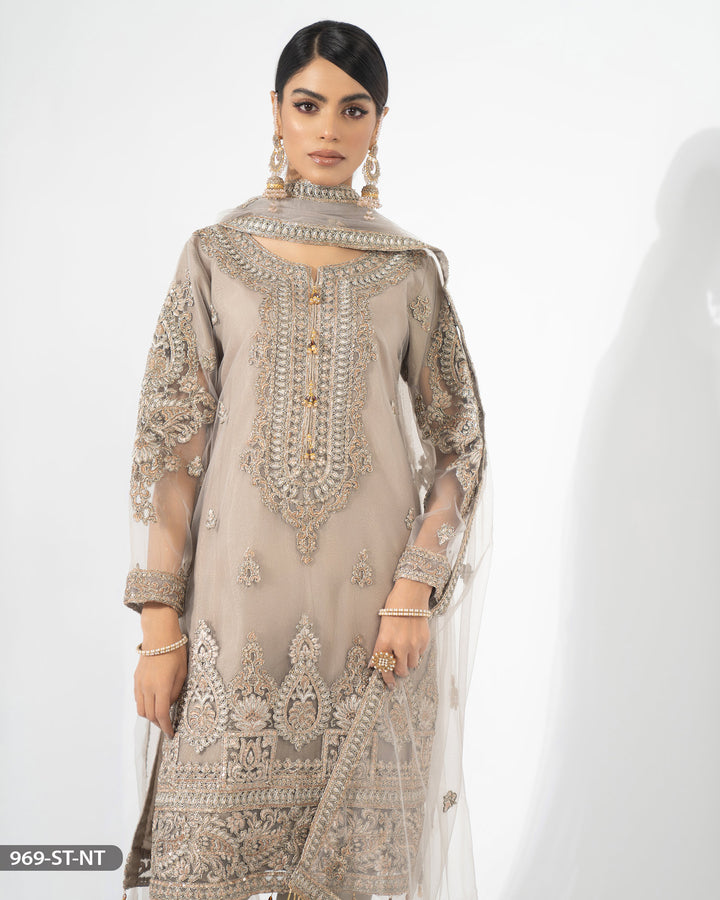 3 Piece Party Wear Net Embroidered Dress | 969-ST-NT