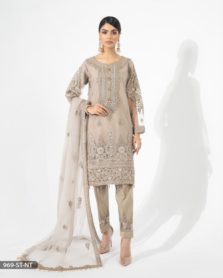 3 Piece Party Wear Net Embroidered Dress | 969-ST-NT