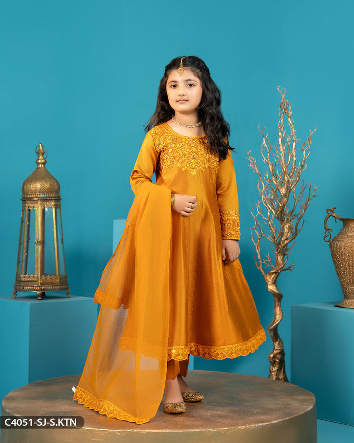 Kids 3 Piece Chambray Katan Embroidered Suit | 4051-SJ-S.KTN - Sha Posh Textile