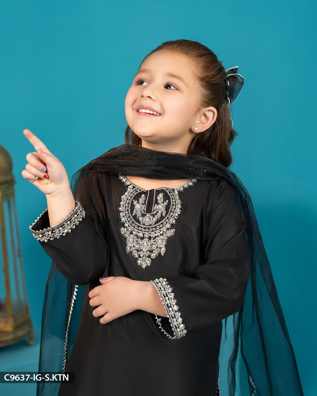 Kids Embroidered Chambray Katan Suit | 9637-IG-S.KTN