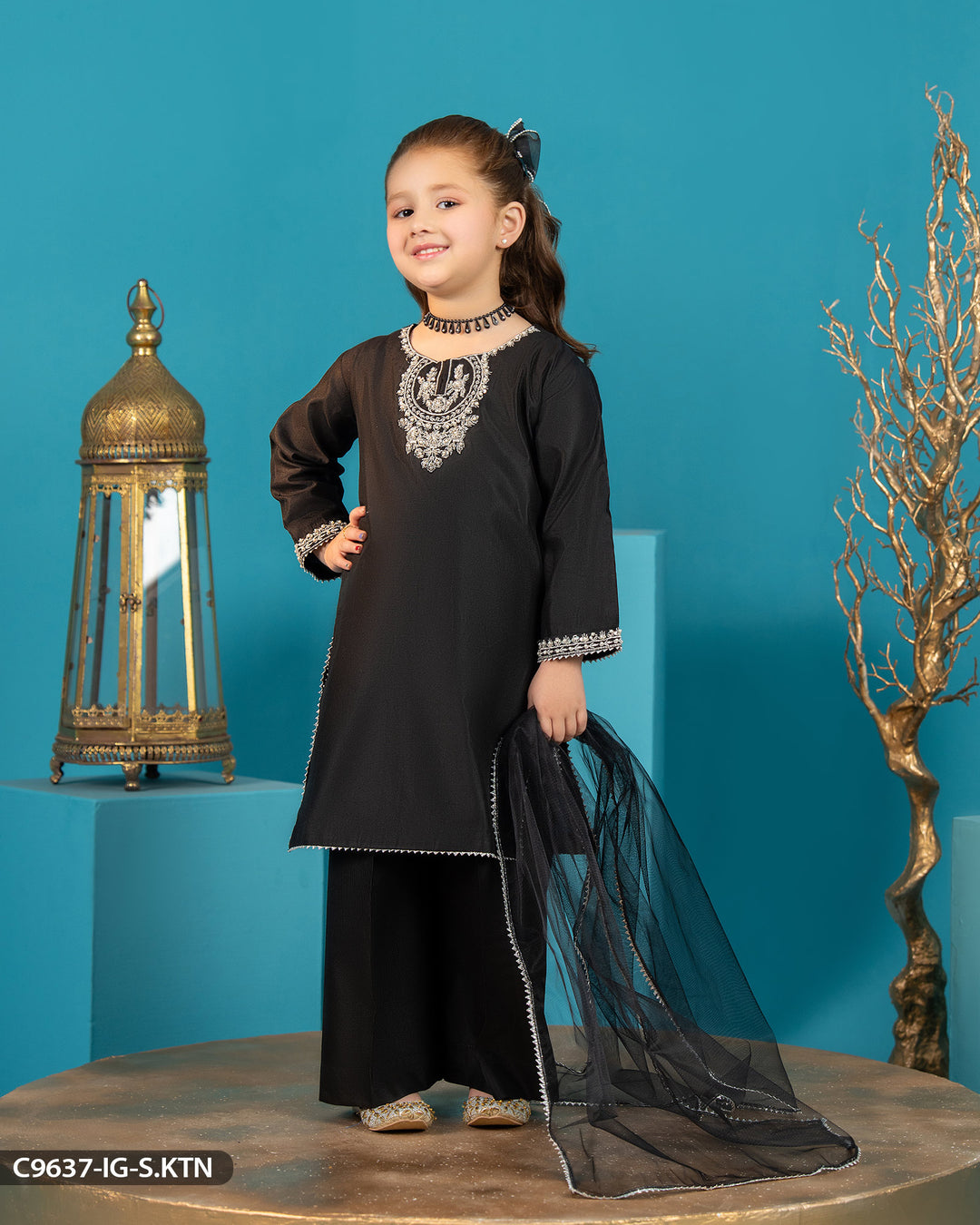 Kids Embroidered Chambray Katan Suit | 9637-IG-S.KTN