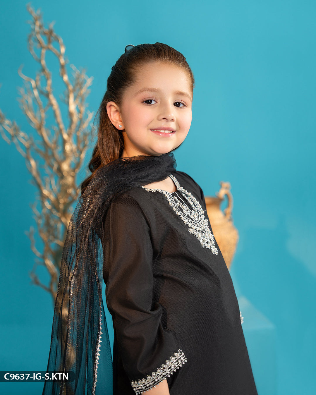 Kids Embroidered Chambray Katan Suit | 9637-IG-S.KTN