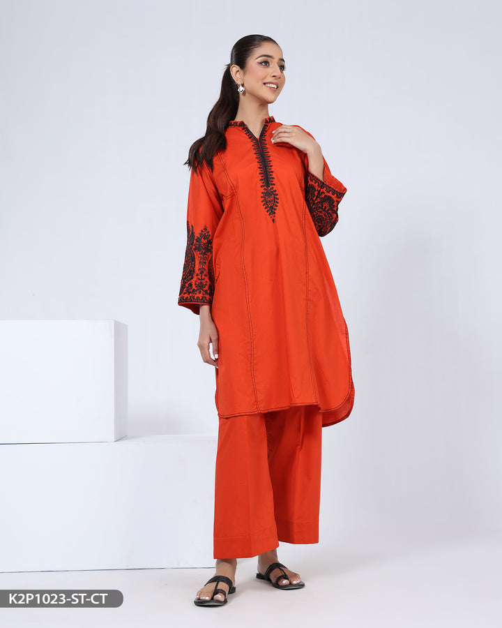 2 Piece Embroidered Cotton Suit | 1023-ST-R.CT