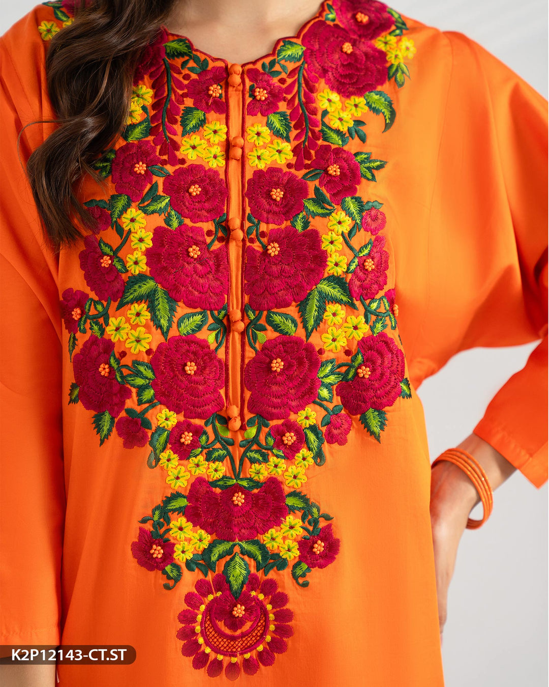 2 Piece Cotton Satin Embroidered Suit | 12143-IG-CT.ST