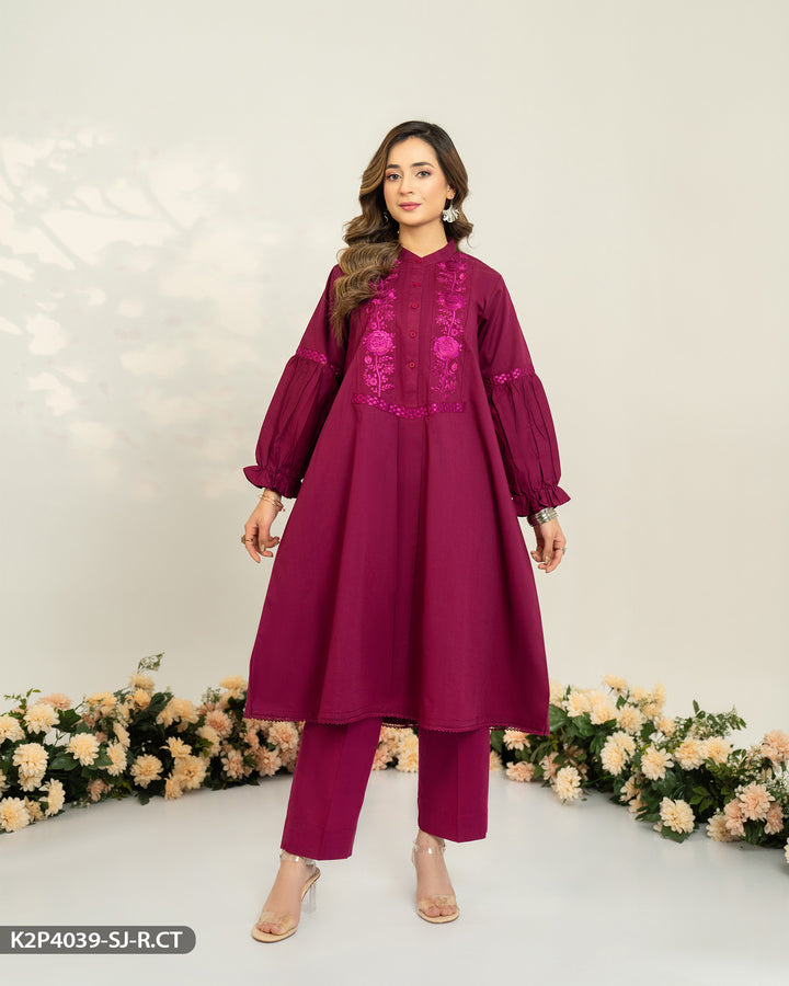 2 Piece Cotton Embroidered Frock | 4039-SJ-R.CT