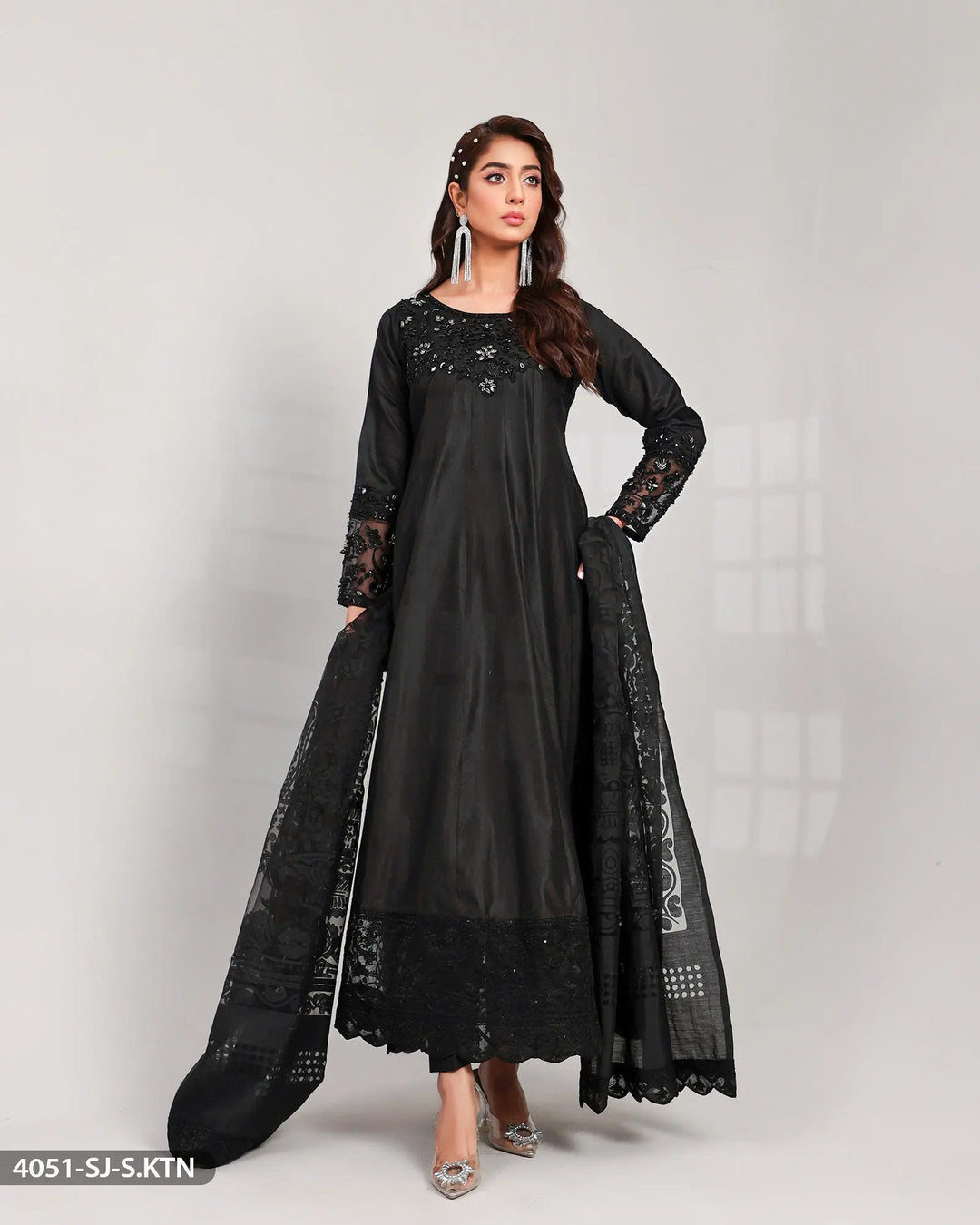 3 Piece Chambray Katan Embroidered Maxi | 4051-SJ-S.KTN Sha Posh Textile