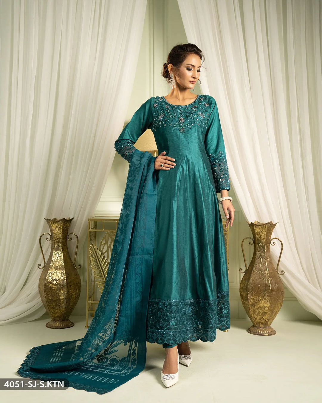 3 Piece Chambray Katan Embroidered Maxi | 4051-SJ-S.KTN Sha Posh Textile