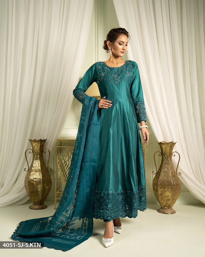 3 Piece Chambray Katan Embroidered Maxi | 4051-SJ-S.KTN Sha Posh Textile