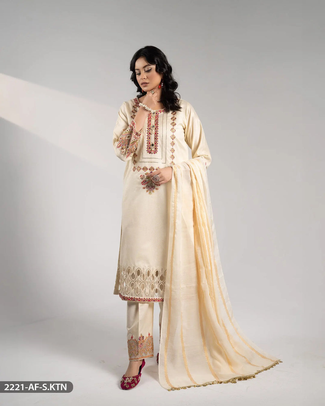 3 Piece Chambray Katan Embroidered Suit | 2221-AF-S.KTN Sha Posh Textile