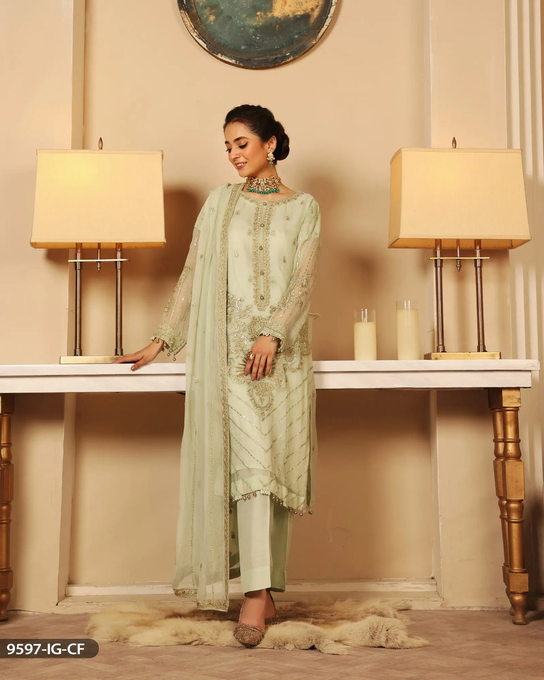 3 Piece Chiffon Suit Embroidered | 9597-IG-CF ShaPosh Textile