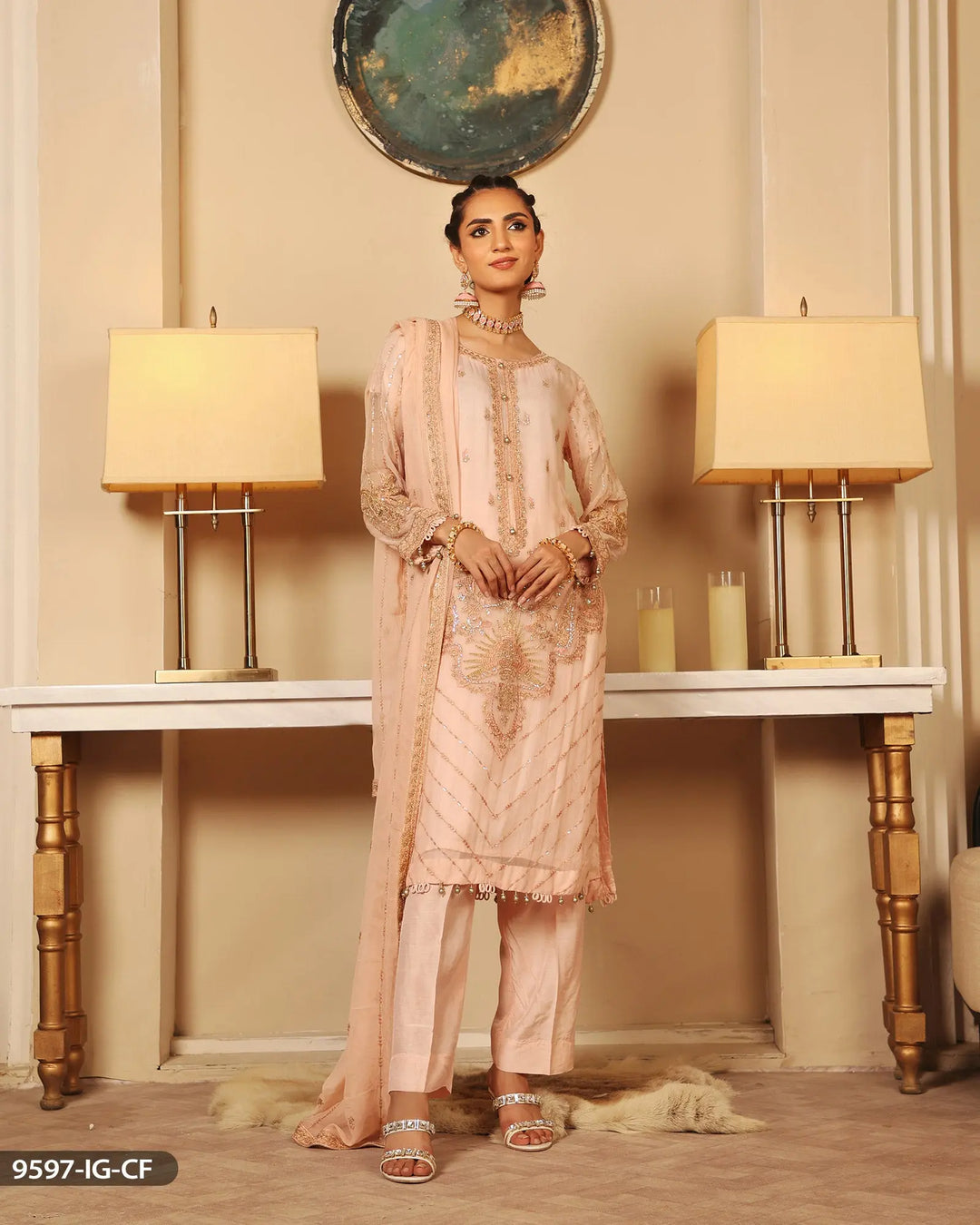 3 Piece Chiffon Suit Embroidered | 9597-IG-CF ShaPosh Textile