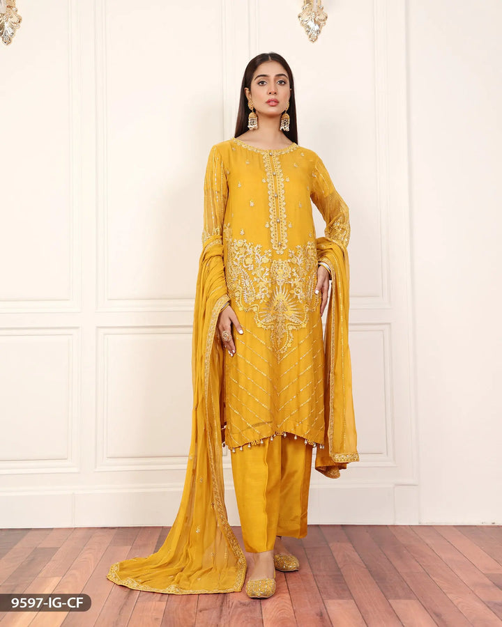 3 Piece Chiffon Suit Embroidered | 9597-IG-CF ShaPosh Textile