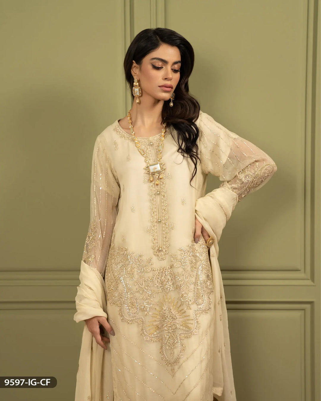 3 Piece Chiffon Suit Embroidered | 9597-IG-CF ShaPosh Textile