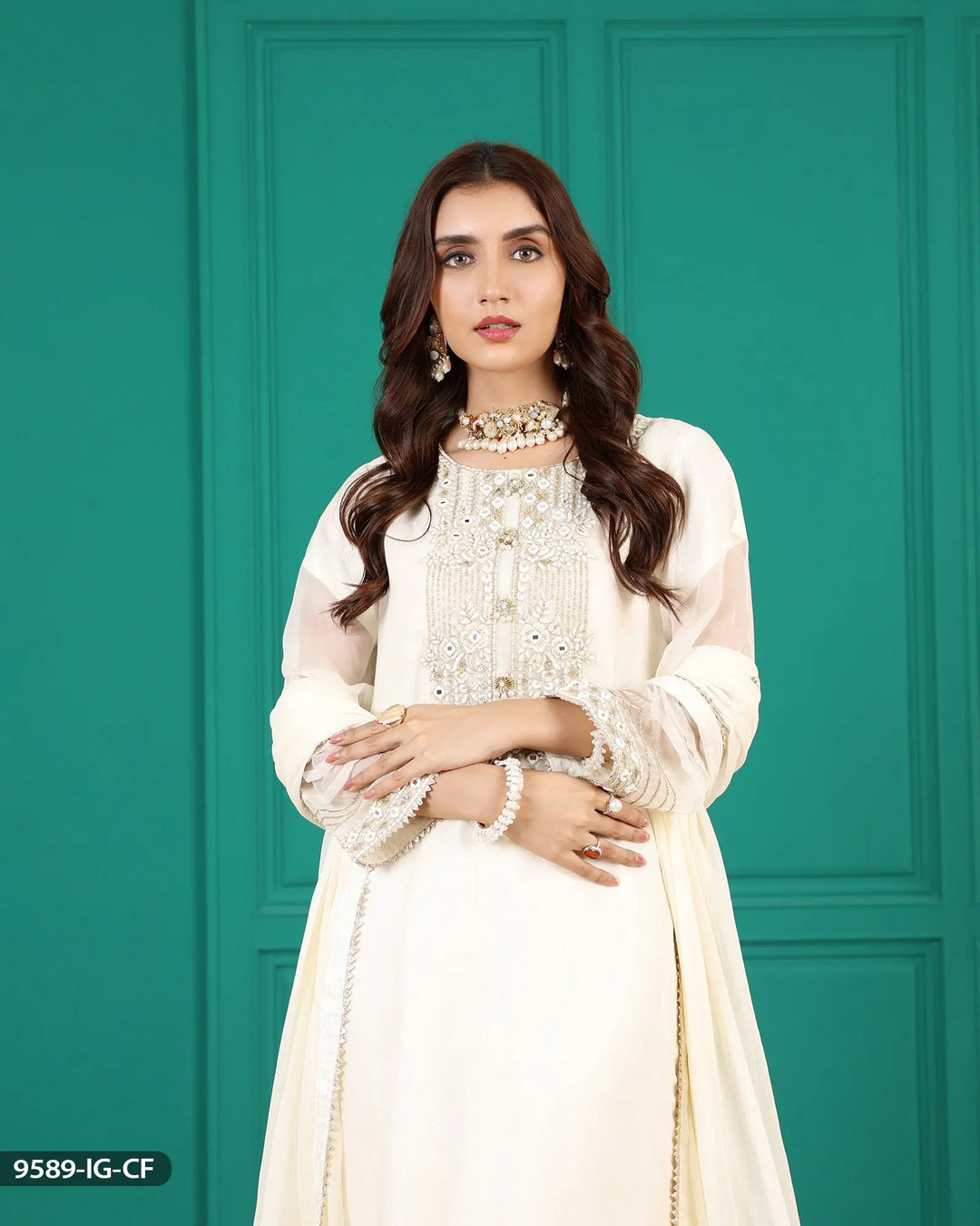 3 Piece Embroidered Chiffon Suit | 9589-IG-CF Sha Posh Textile